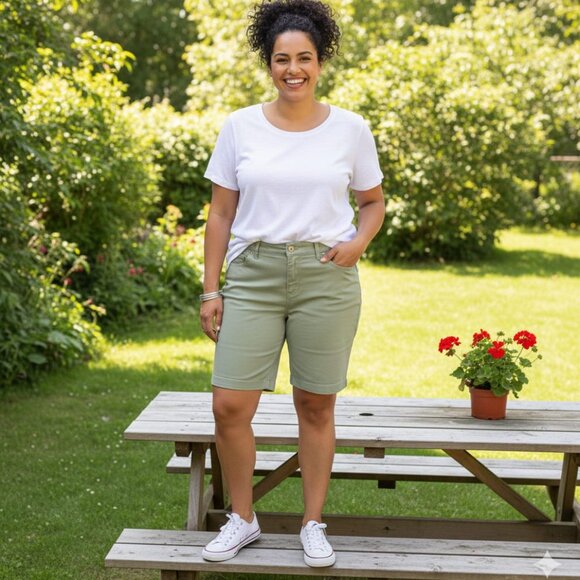 Gloria Vanderbilt Pants - Gloria Vanderbilt Women's Amanda Roll Snap Shorts Desert Sage Size 4 DESERT SAGE